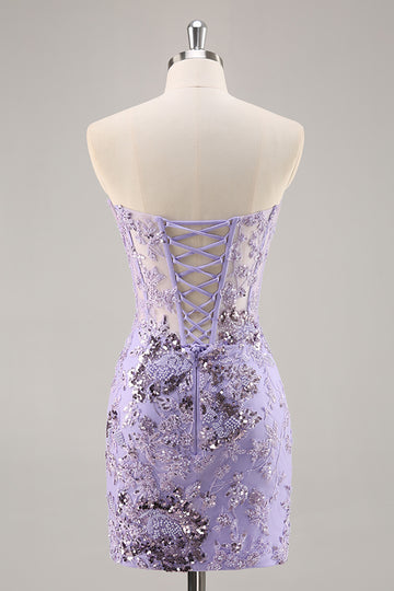Strapless Beaded Bodycon Purple Homecoming Dress with Appliques